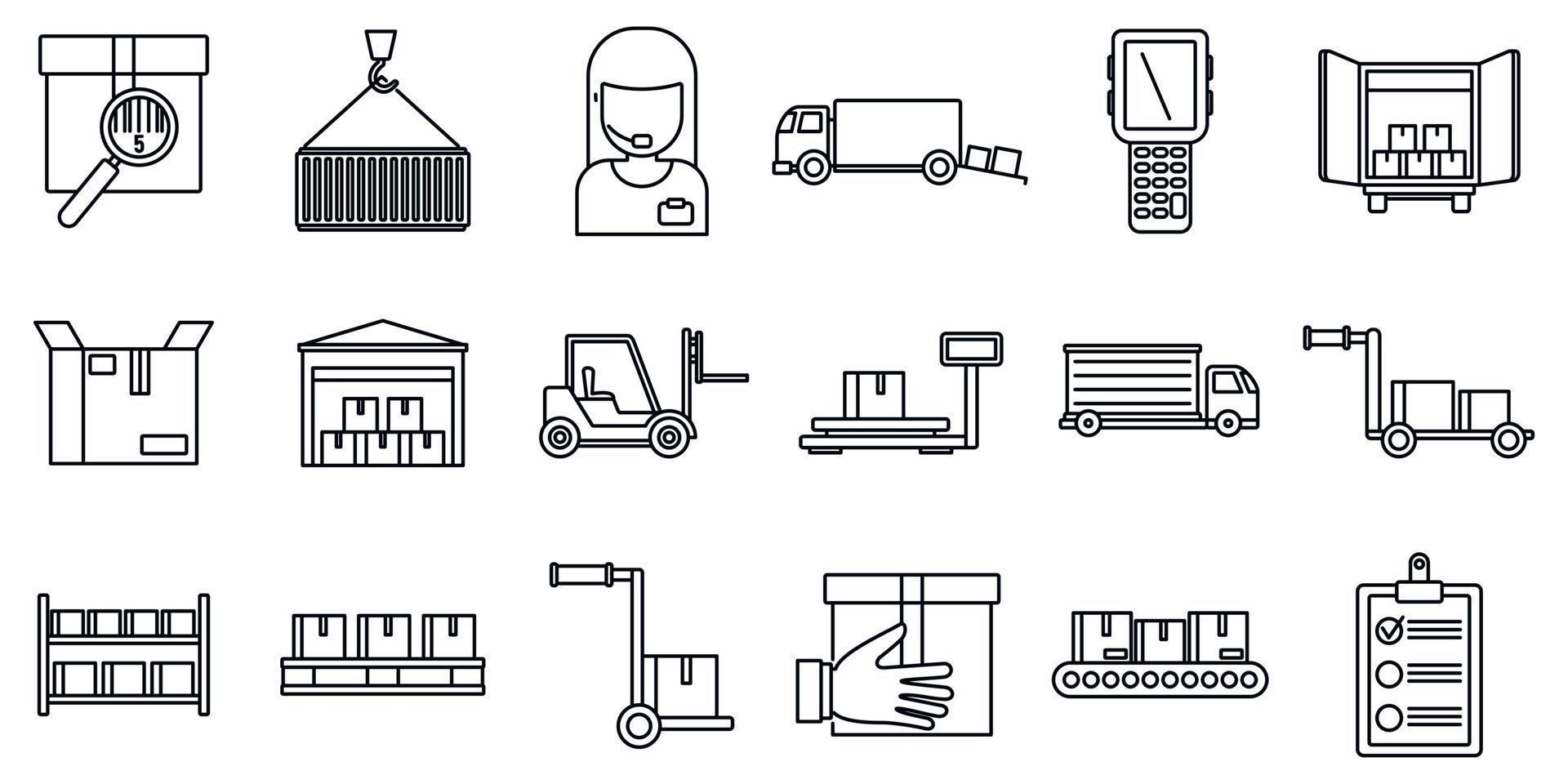 Warehouse building icons set, outline style vector