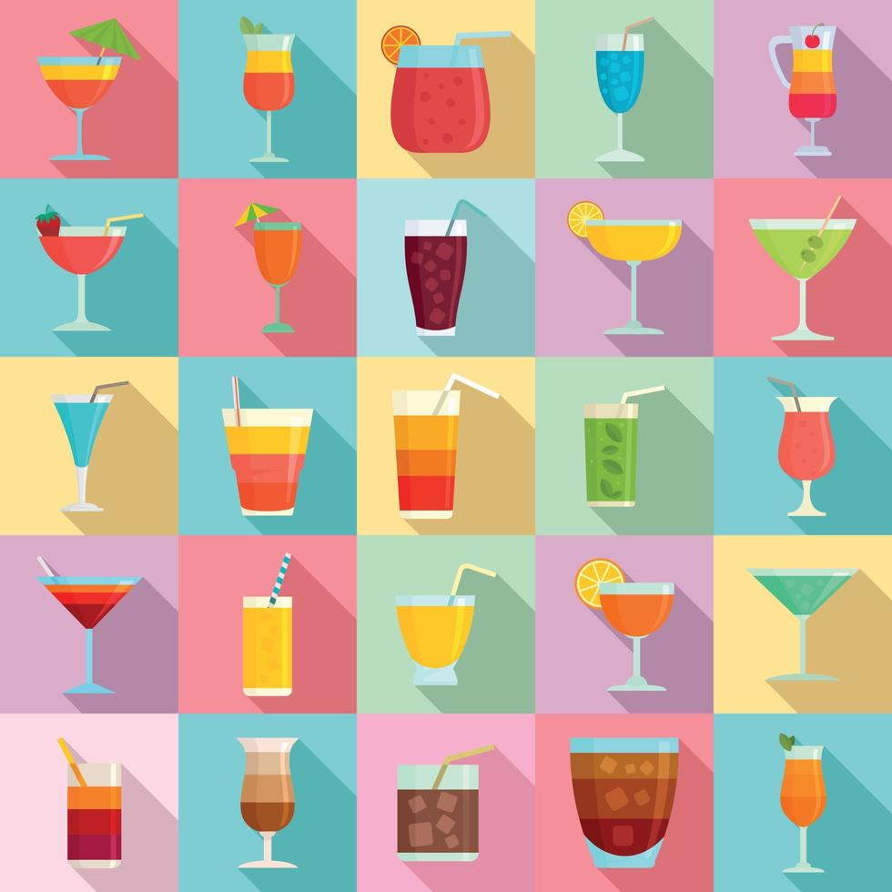 Cocktail icons set, flat style vector