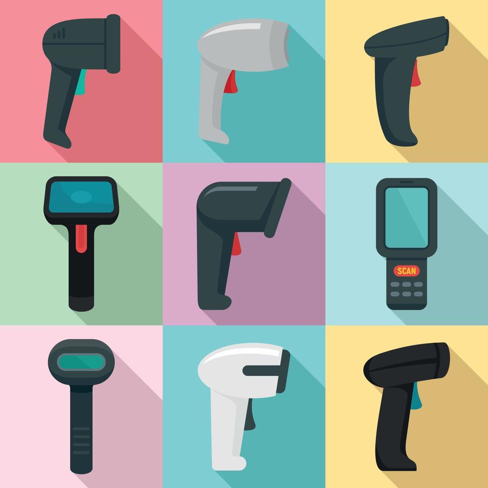 Barcode scanner icons set, flat style vector