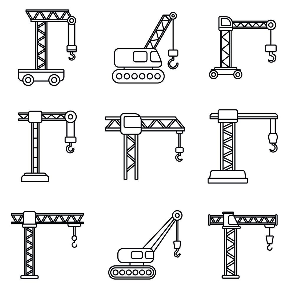 conjunto de iconos de grúa de construcción, estilo de esquema vector