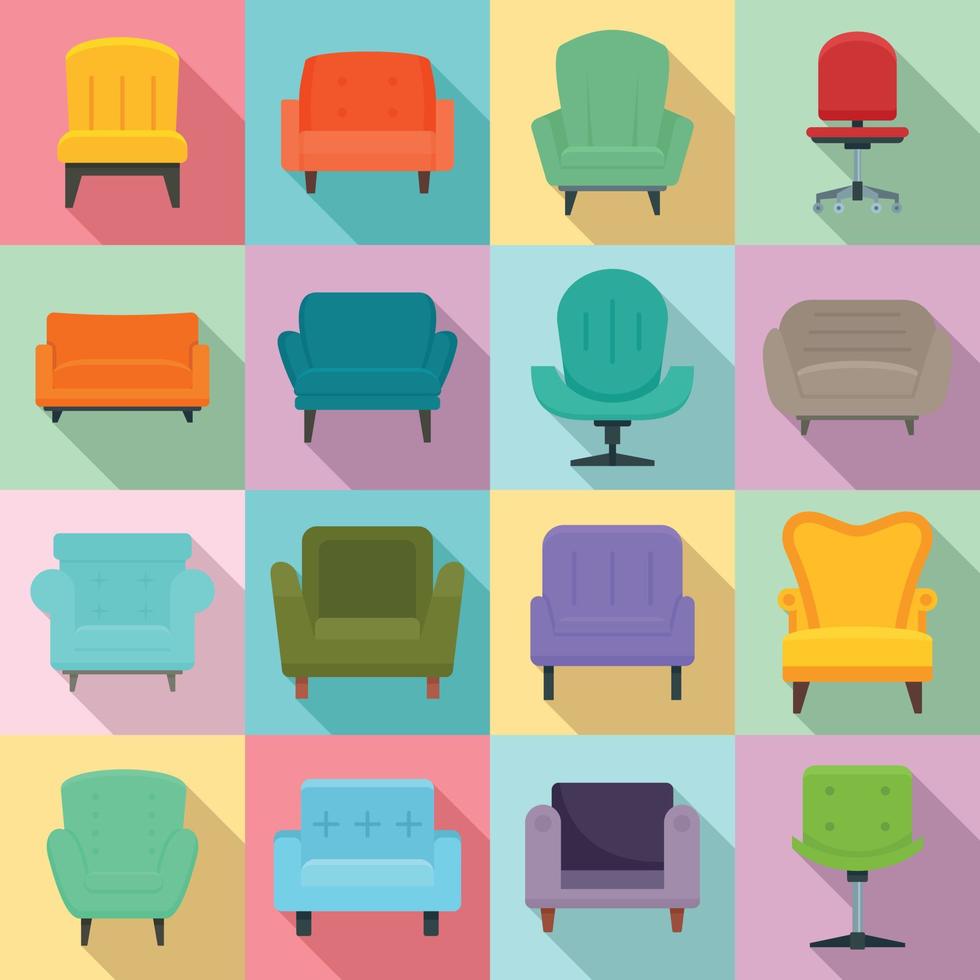 Armchair icons set, flat style vector