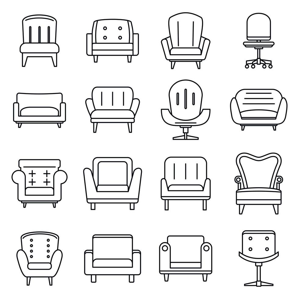 Soft armchair icons set, outline style vector
