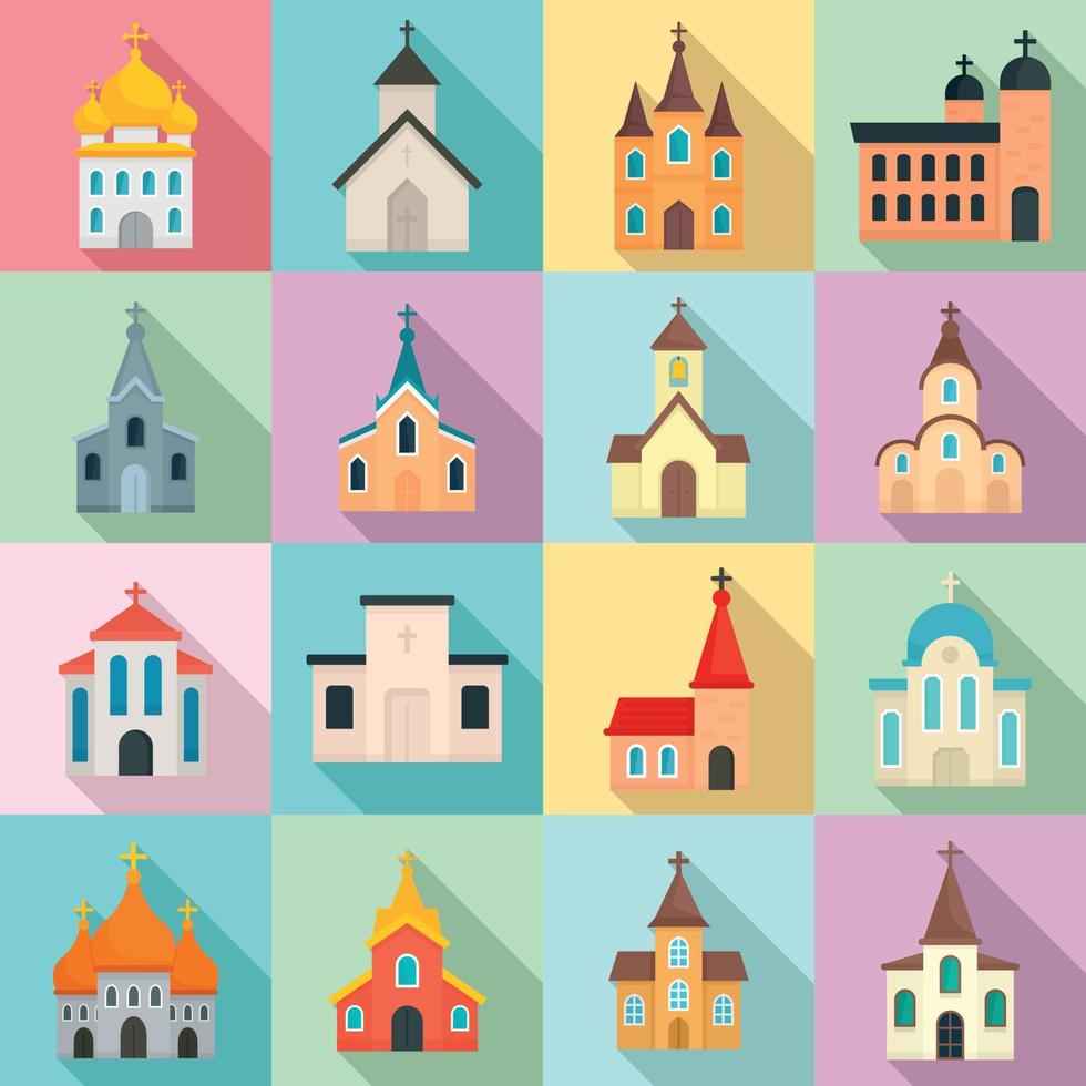 Church icons set, flat style vector