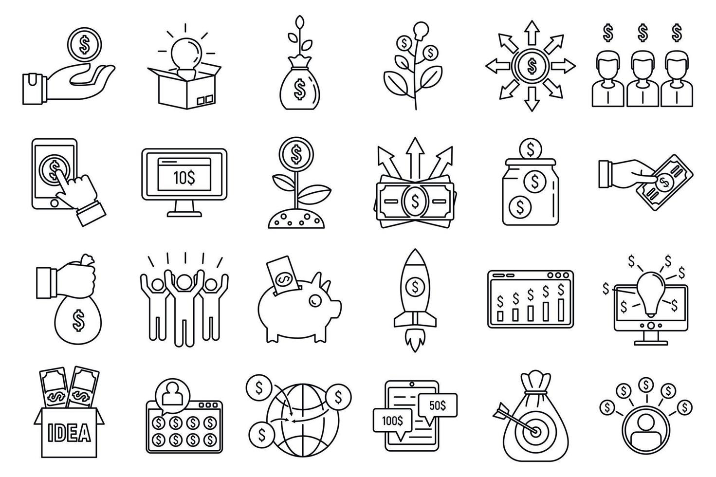 conjunto de iconos de idea de crowdfunding, estilo de contorno vector