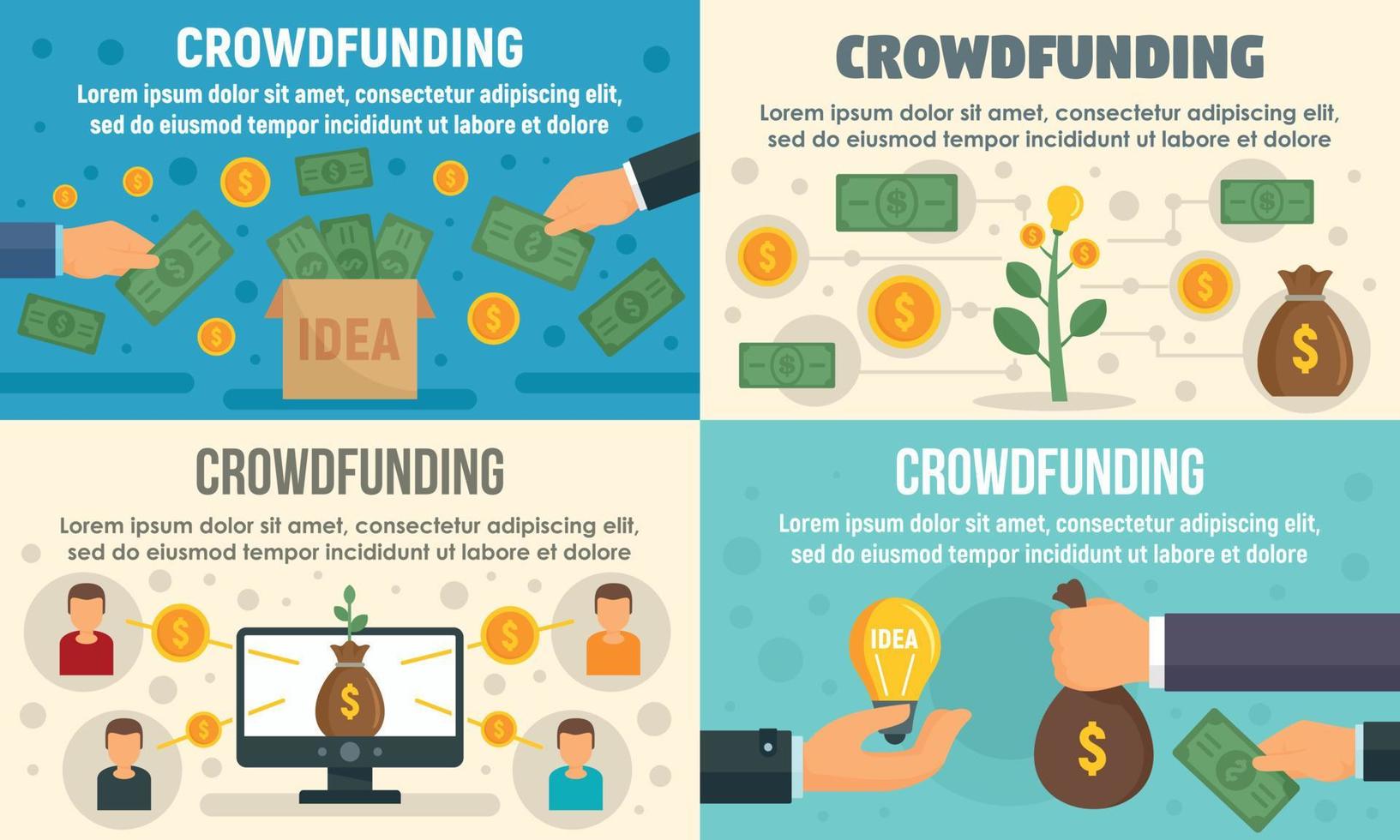 Crowdfunding invest banner set, flat style vector