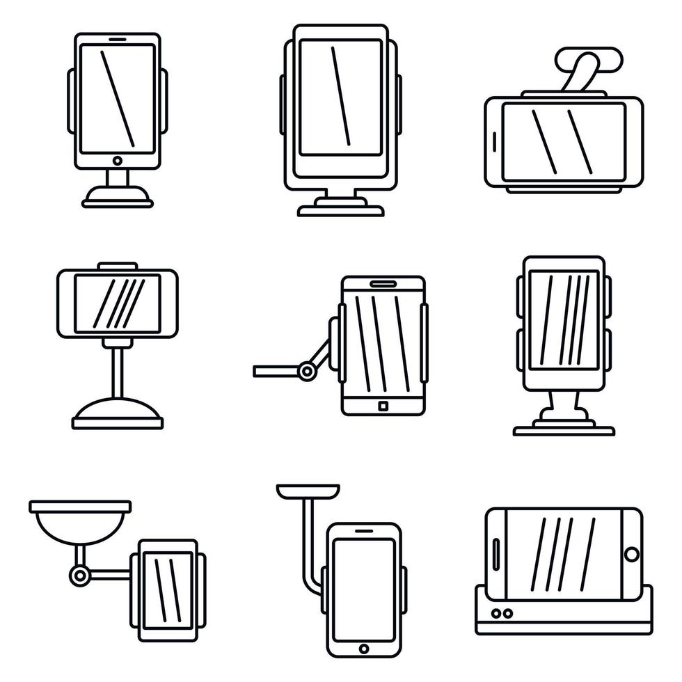 Mobile holder stand icons set, outline style vector