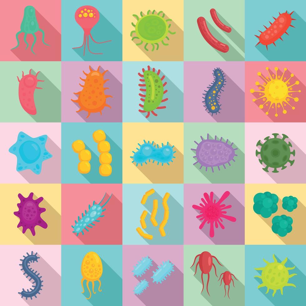 Bacteria icons set, flat style vector