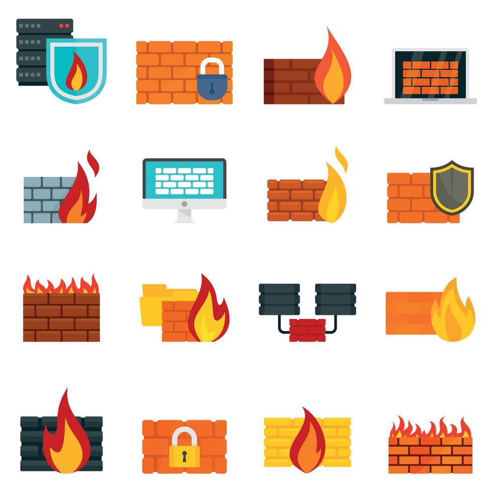 Firewall icons set, flat style vector