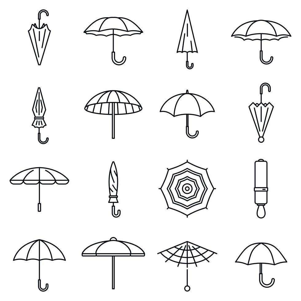 Rain umbrella icons set, outline style vector