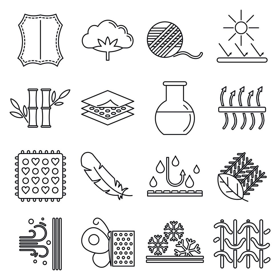Fabric feature breathable icons set, outline style vector