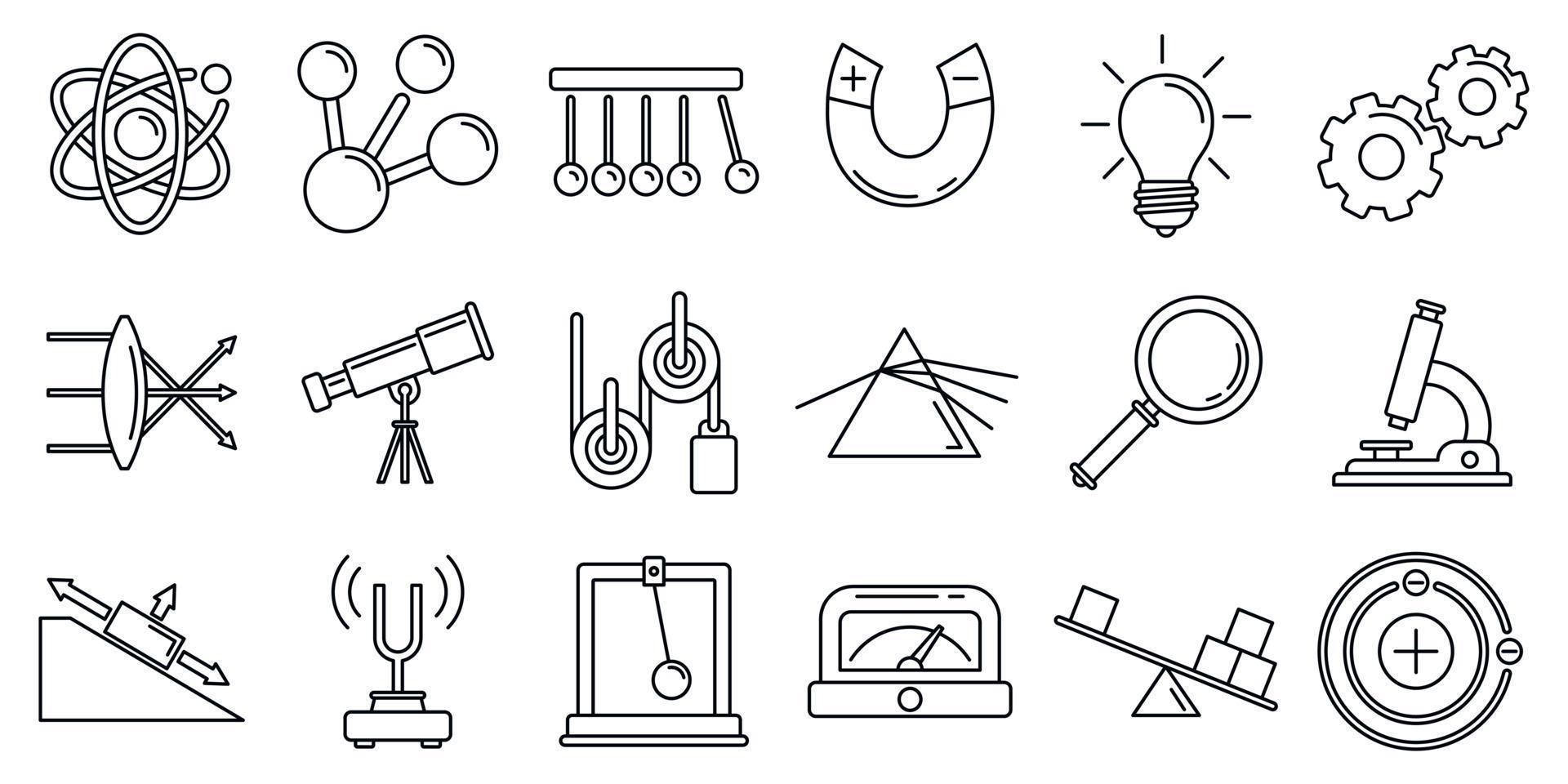 conjunto de iconos de ciencia física, estilo de esquema vector