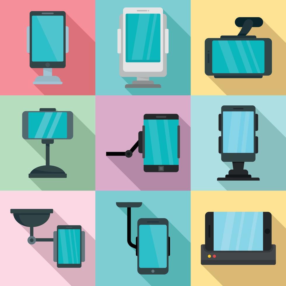Mobile phone holder icons set, flat style vector
