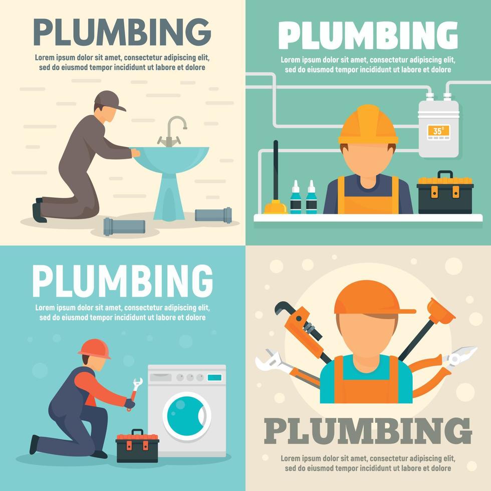 Plumbing banner set, flat style vector