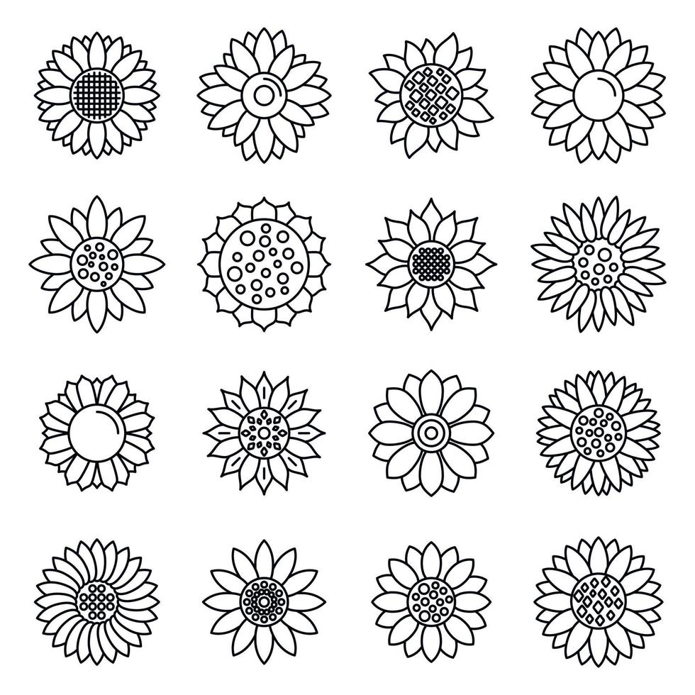 Botanical sunflower icons set, outline style vector