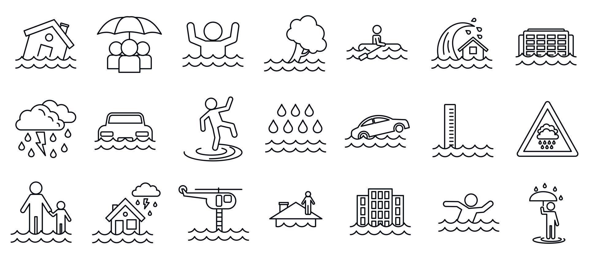 Flood cataclysm icons set, outline style vector