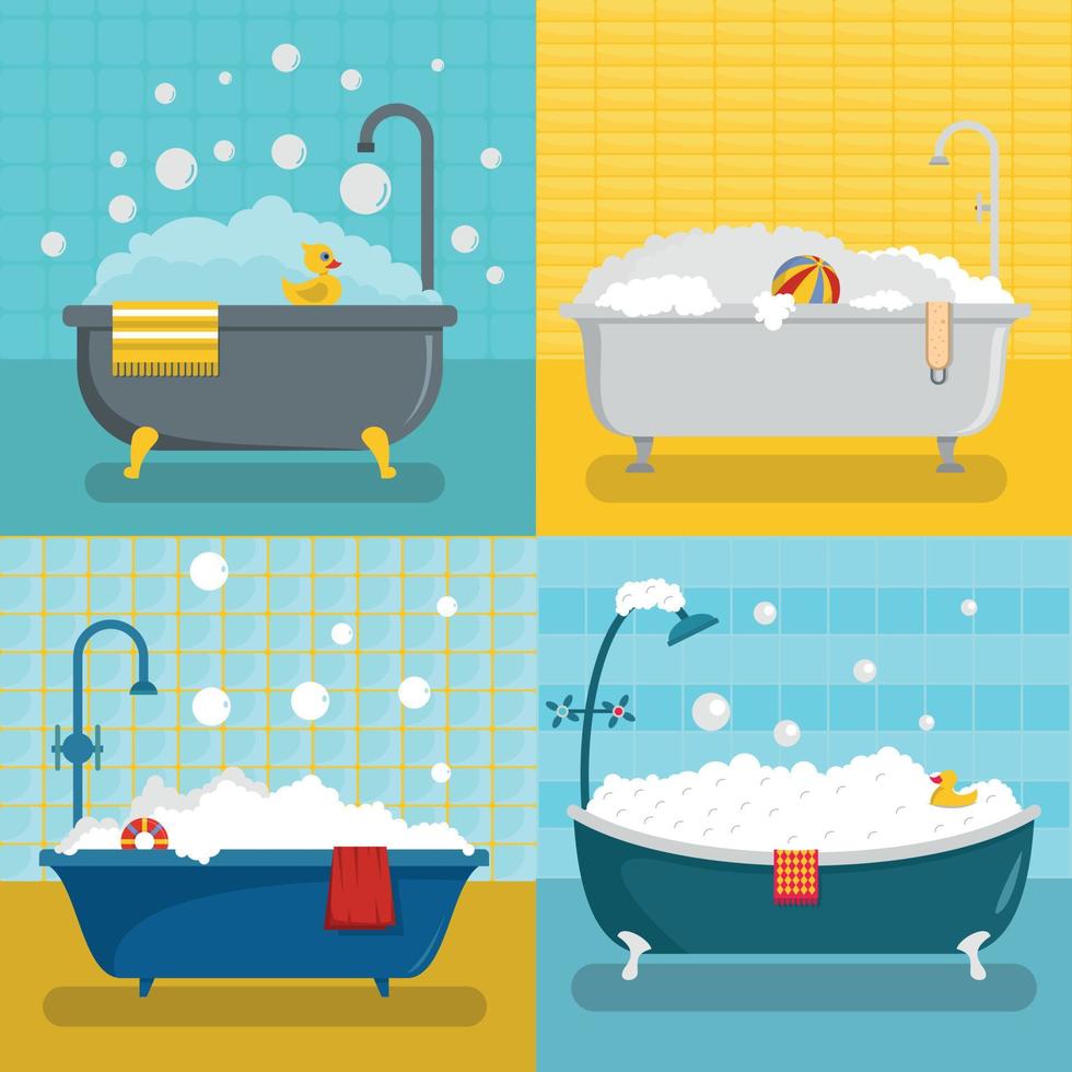 Bathtub foam shower banner concept set, flat style vector