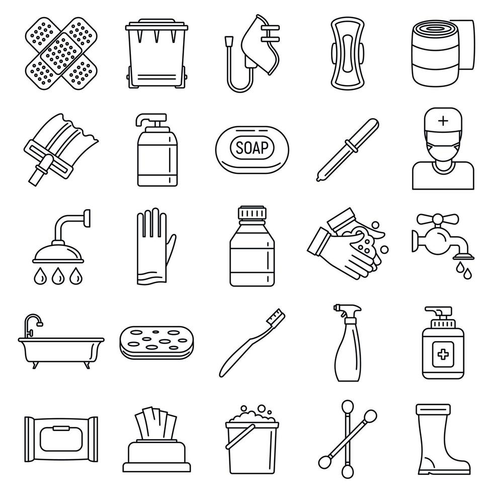 Sanitation disinfectant icons set, outline style vector