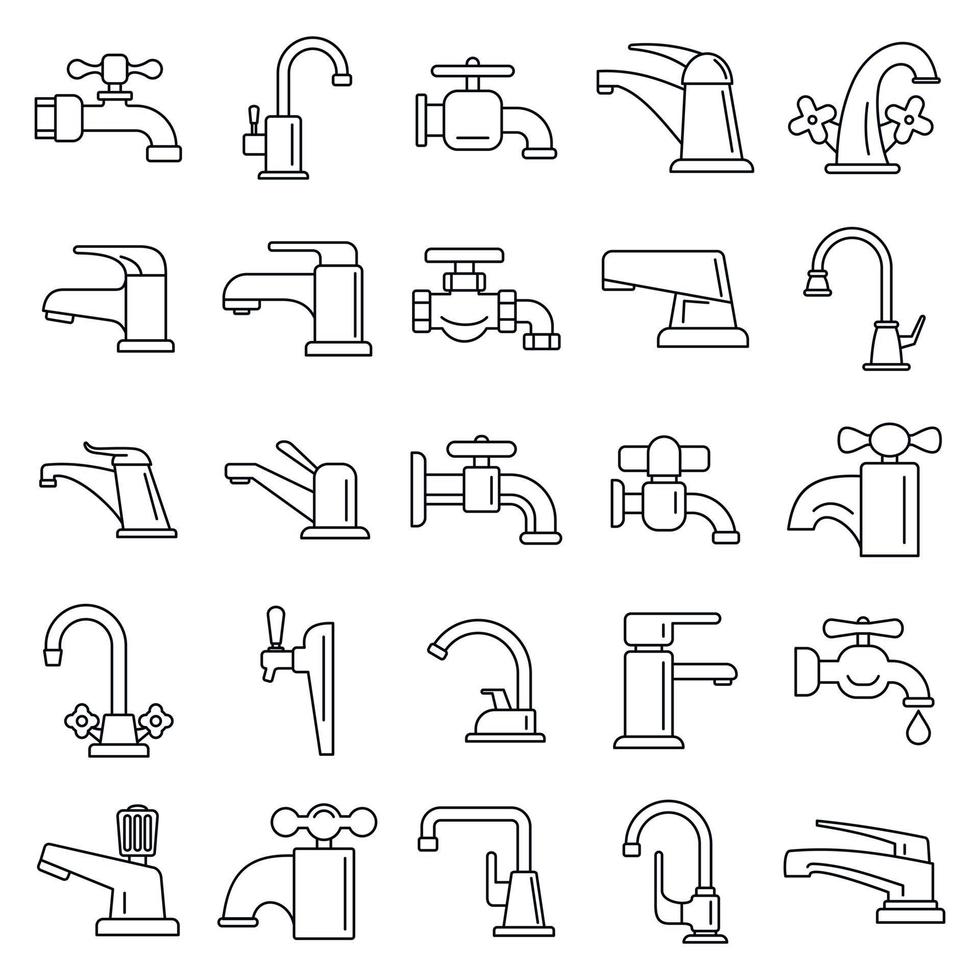 Water faucet icons set, outline style vector