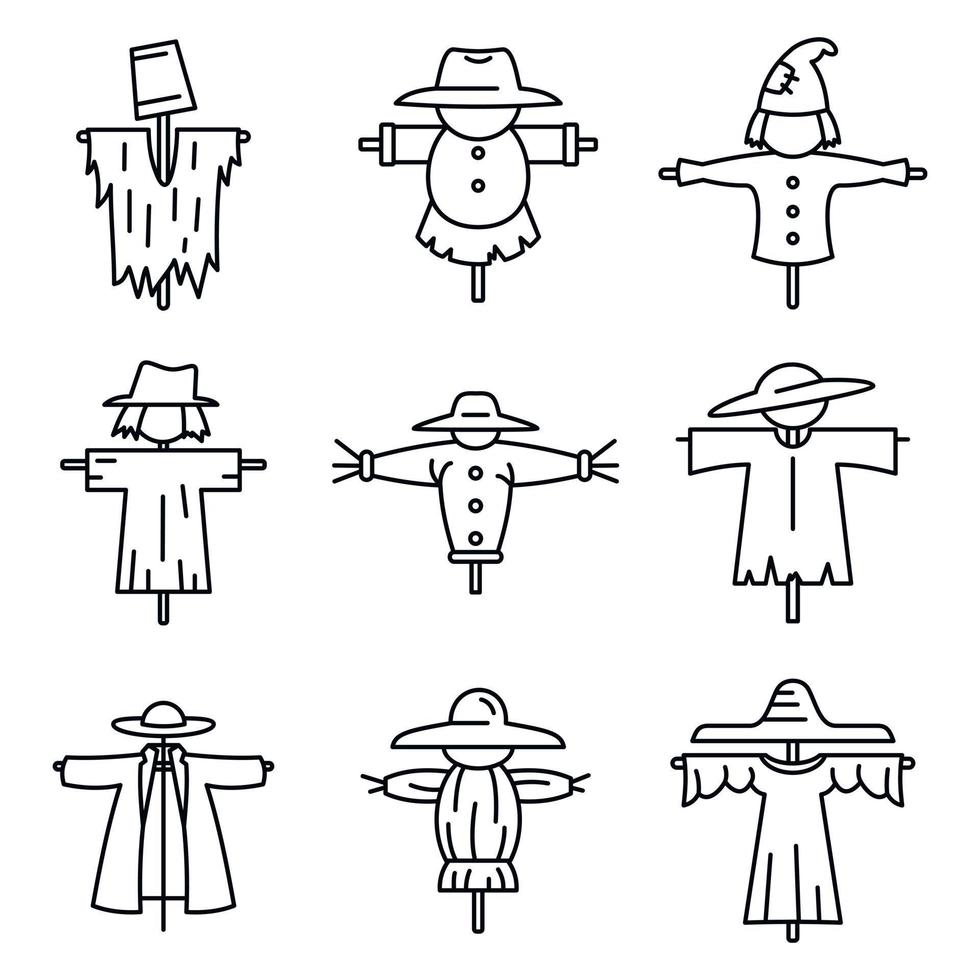 Farm scarecrow icons set, outline style vector