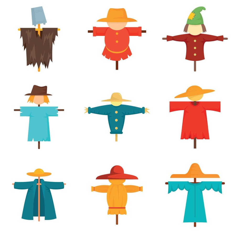 Scarecrow icons set, flat style vector