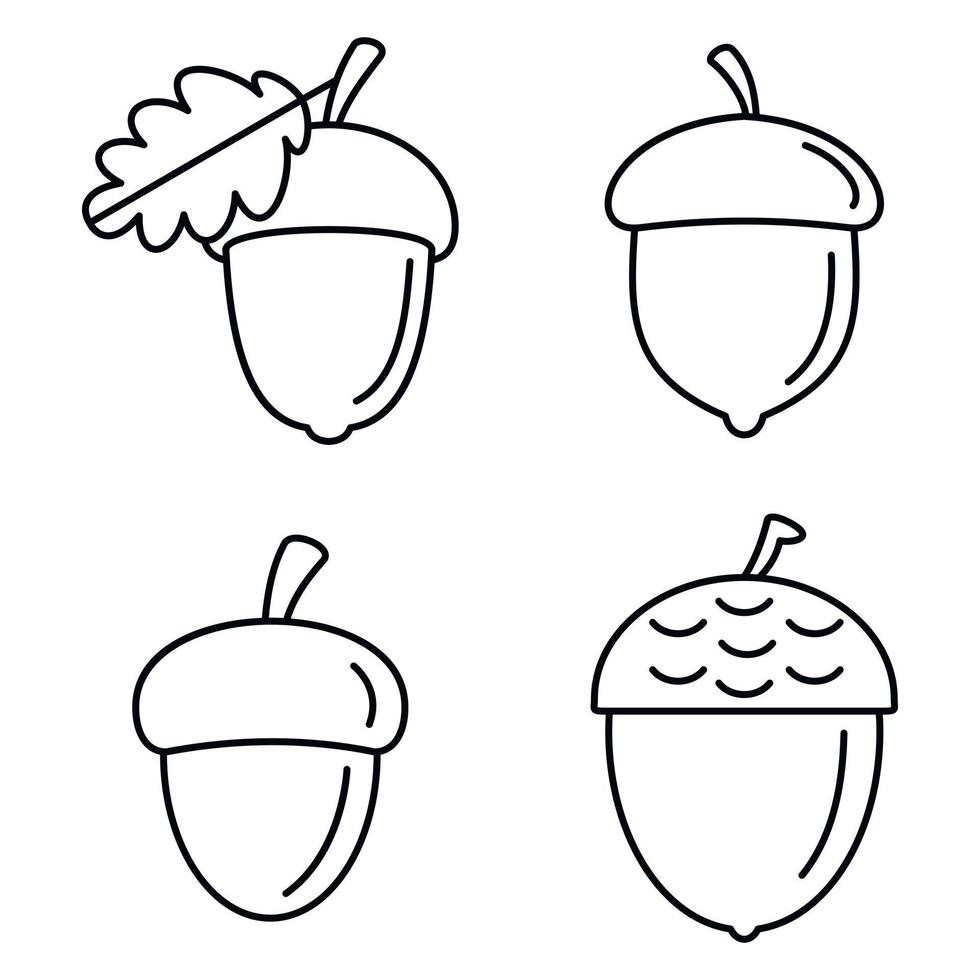 Acorn oak icons set, outline style vector