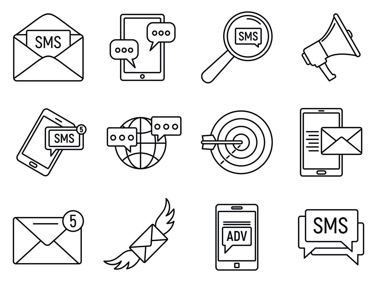 Modern sms marketing icons set, outline style vector