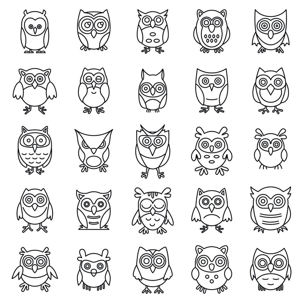 Wild owl icons set, outline style vector