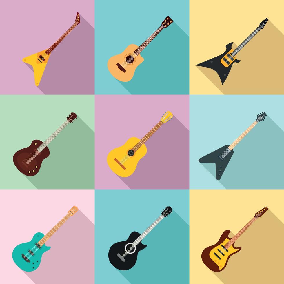 conjunto de iconos de guitarra, estilo plano vector