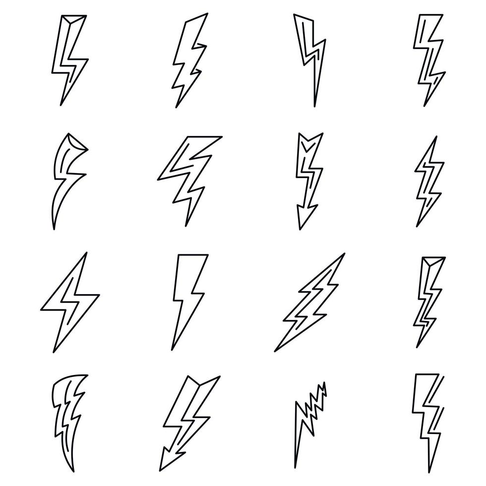 Lightning bolt power icons set, outline style vector