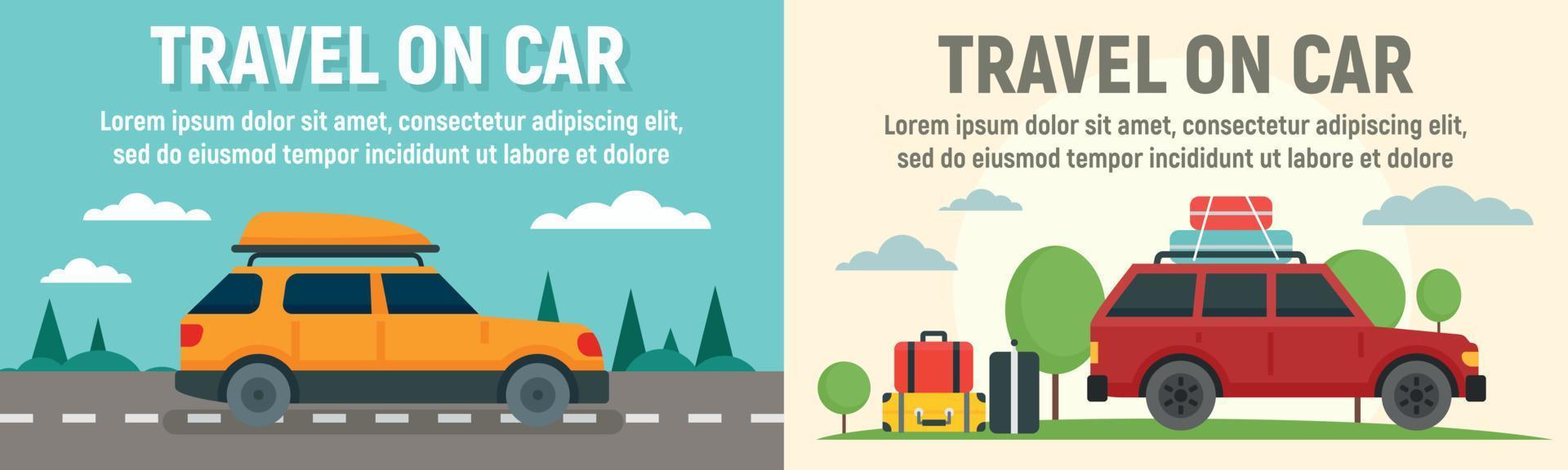 Family travel on car banner set, flat style vector