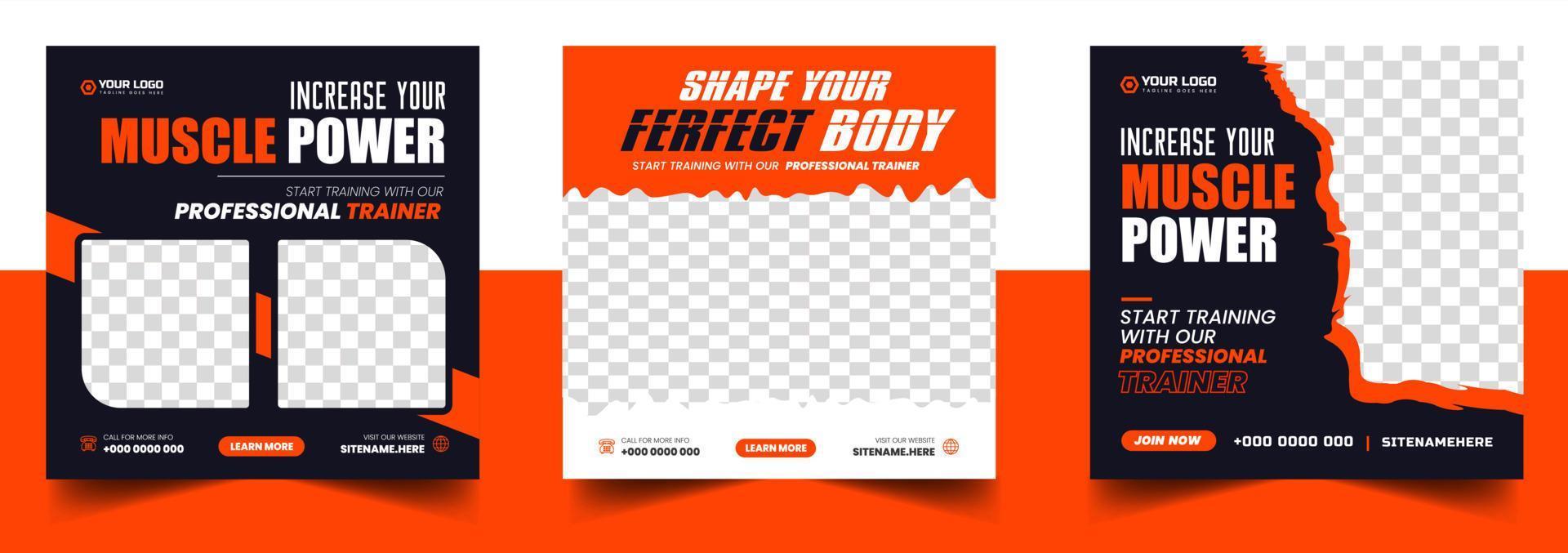 Fitness gym social media post banner template with black and orange color, gym, Workout, fitness and Sports social media post banner, fitness gym social media post banner design. vector