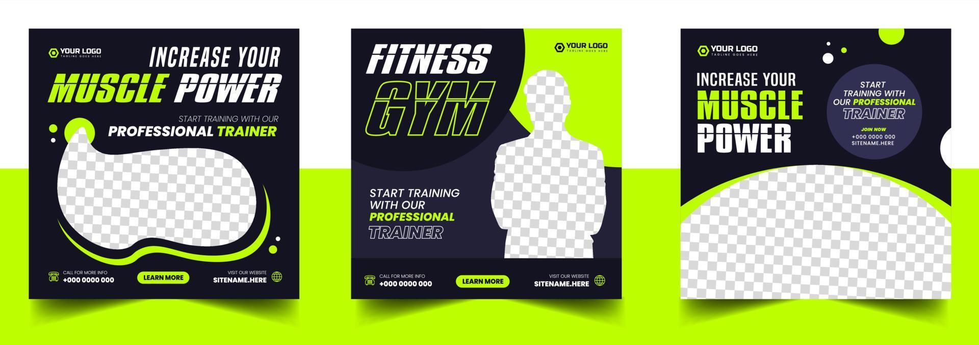 Fitness gym social media post banner template with black and green color, gym, Workout, fitness and Sports social media post banner, fitness gym social media post banner design. vector