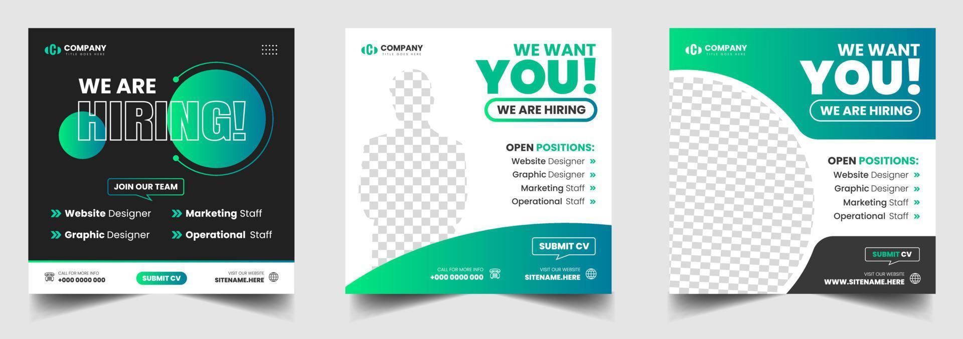 We are hiring job vacancy social media post banner design template with green color. We are hiring job vacancy square web banner design. vector