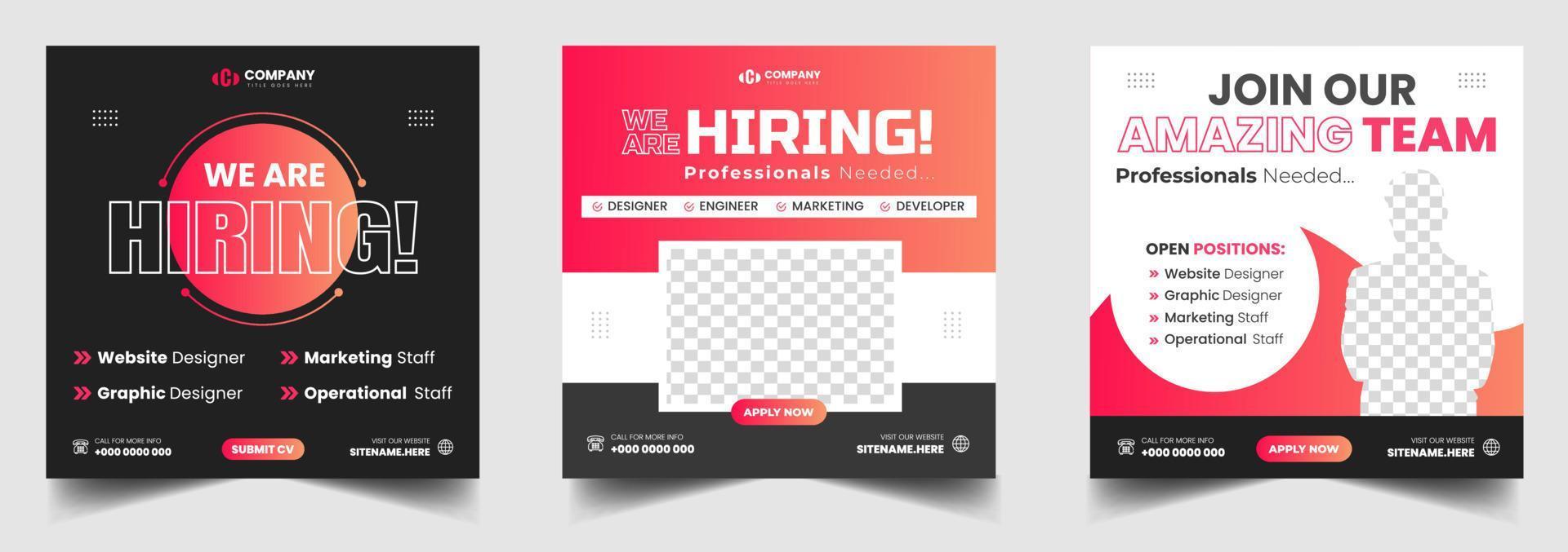 estamos contratando plantilla de diseño de banner de publicación de redes sociales de vacante de trabajo con color rojo. estamos contratando diseño de banner web cuadrado de vacante de trabajo. vector