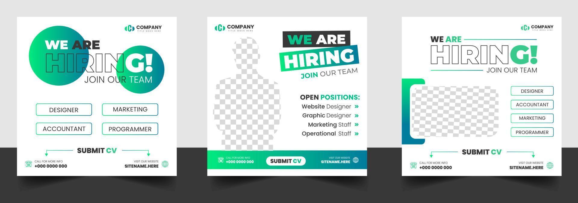 estamos contratando plantilla de diseño de banner de publicación de redes sociales de vacante de trabajo con color verde. estamos contratando diseño de banner web cuadrado de vacante de trabajo. vector