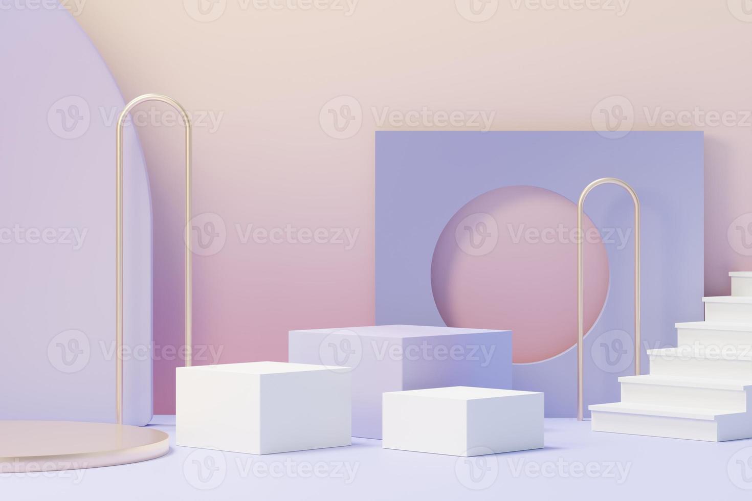 3d render of Beauty podium with Very Peri color of the year 2022 design for product presentation and advertising. Minimal pastel sky and Dreamy land scene. Romance concept. photo