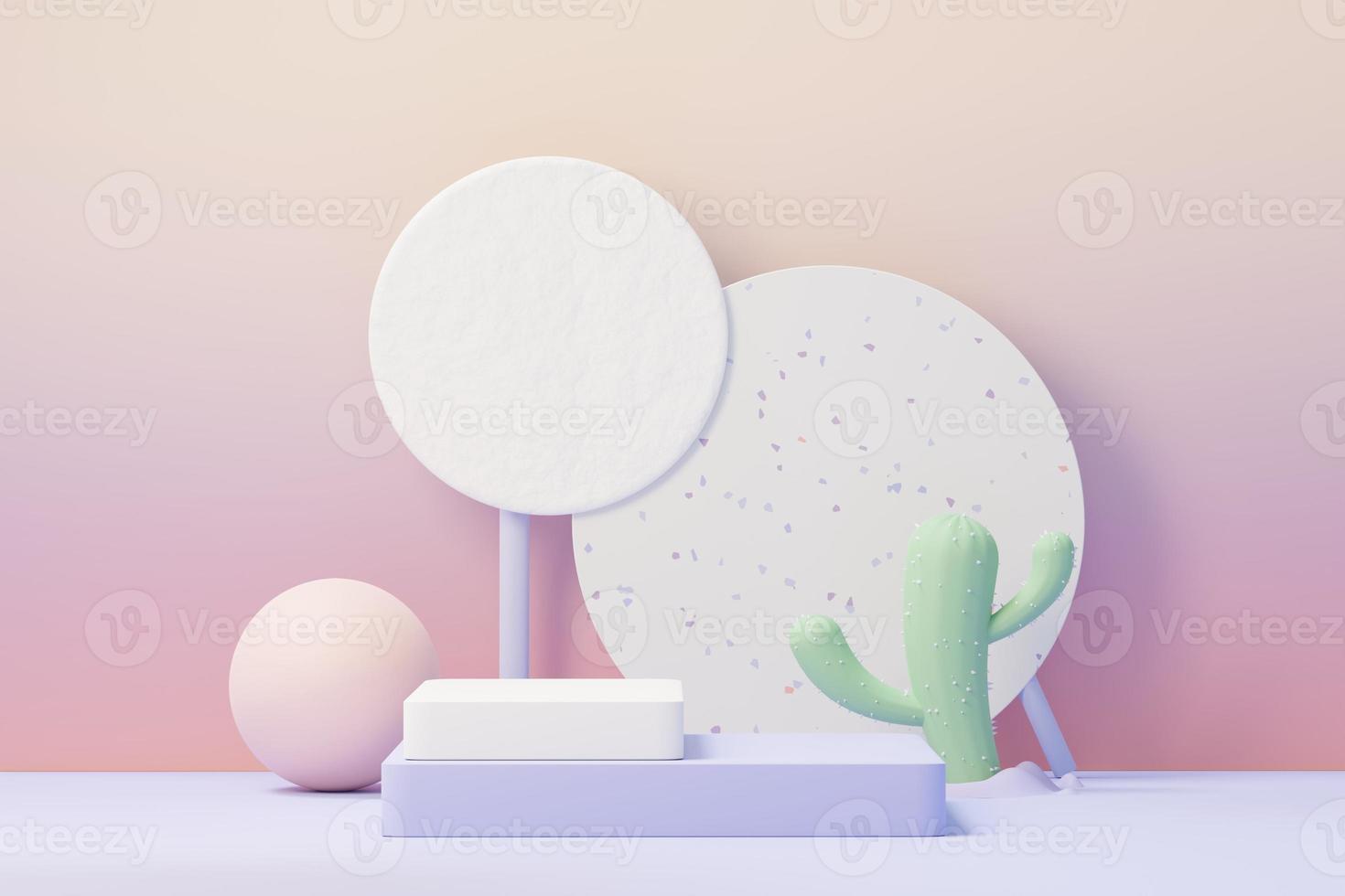 3d render of Beauty podium with Very Peri color of the year 2022 design for product presentation and advertising. Minimal pastel sky and Dreamy land scene. Romance concept. photo