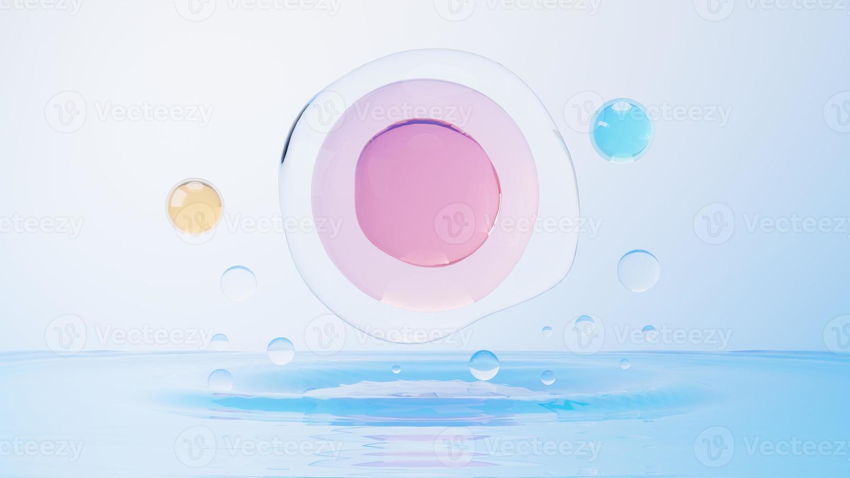 3d render of simple chemical bond in side cell or molecules. The associated of atoms, ions, bond and molecules. Liquid drop bubble background. Covalent bond. Biochemical interaction. photo