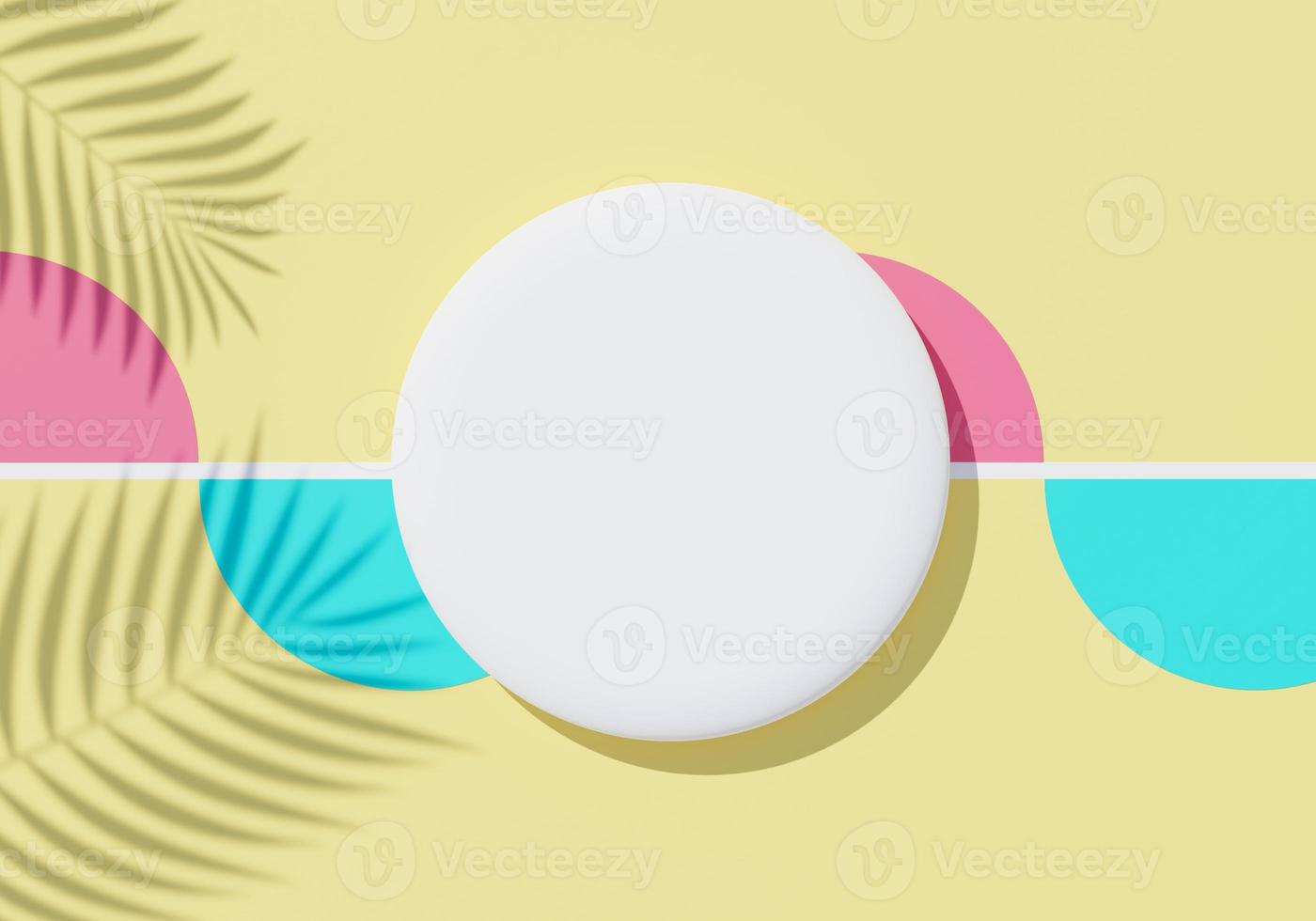 3d render top view of white blank cylinder frame for mock up and display products with shadows of palm leaves, earth tone, and pastel wall background. Creative idea concept. Widow shadow. photo