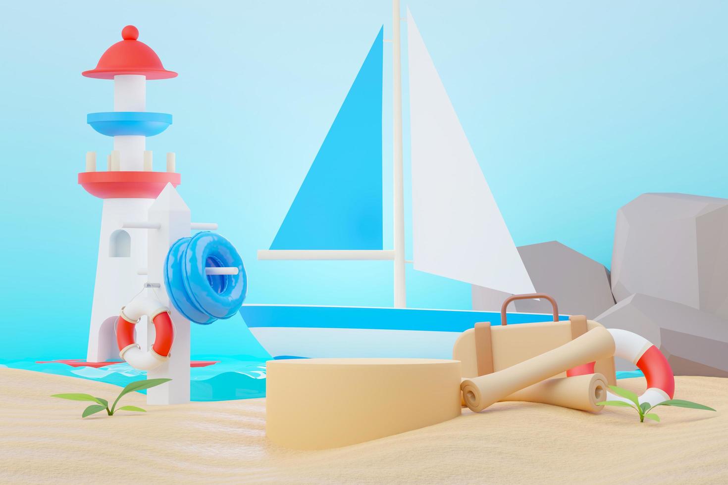 3d render soporte de podio de venta de verano para mostrar el producto. escena de vacaciones en la playa en verano para maquetas. foto