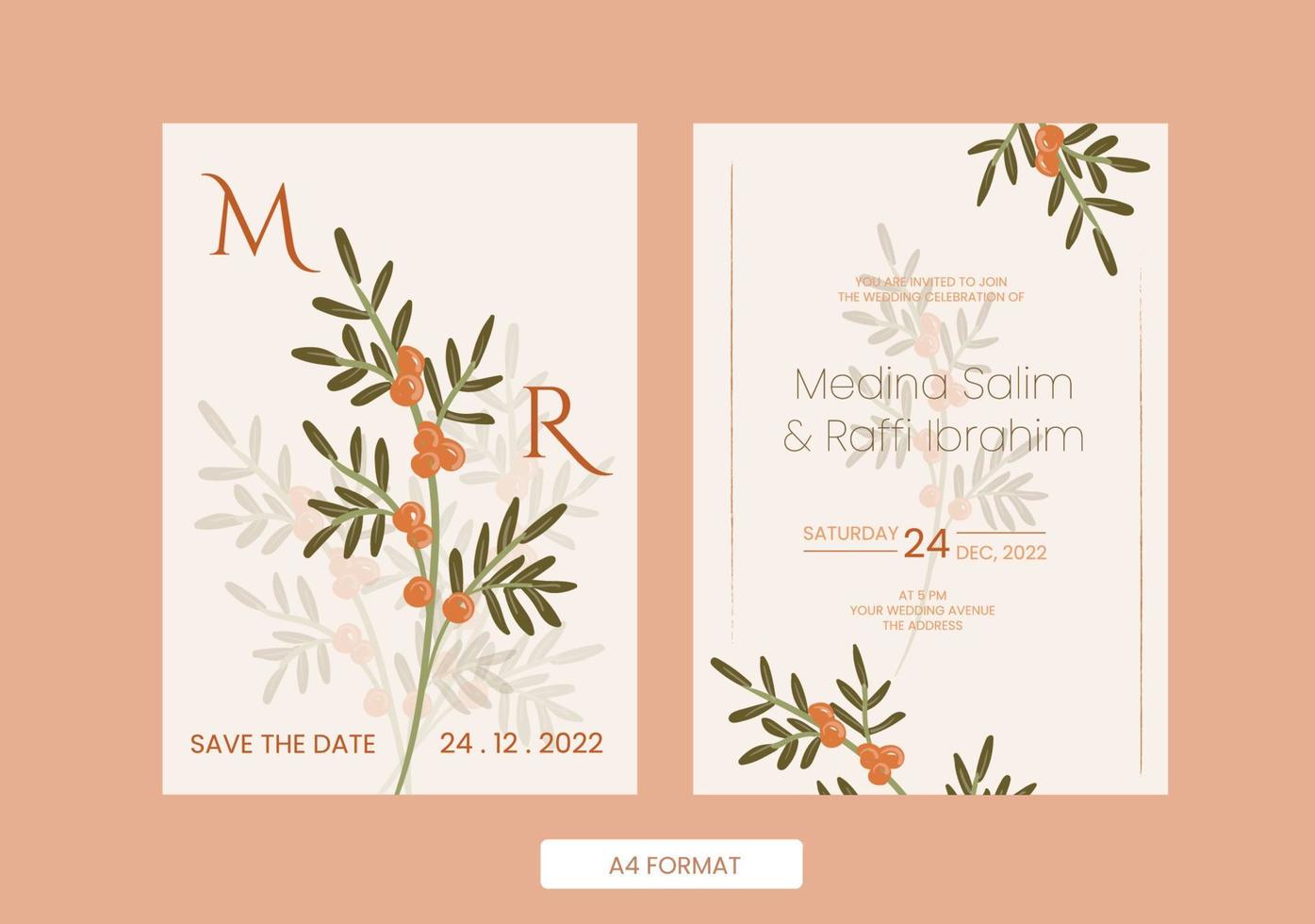 green autumn floral wedding invitation vector