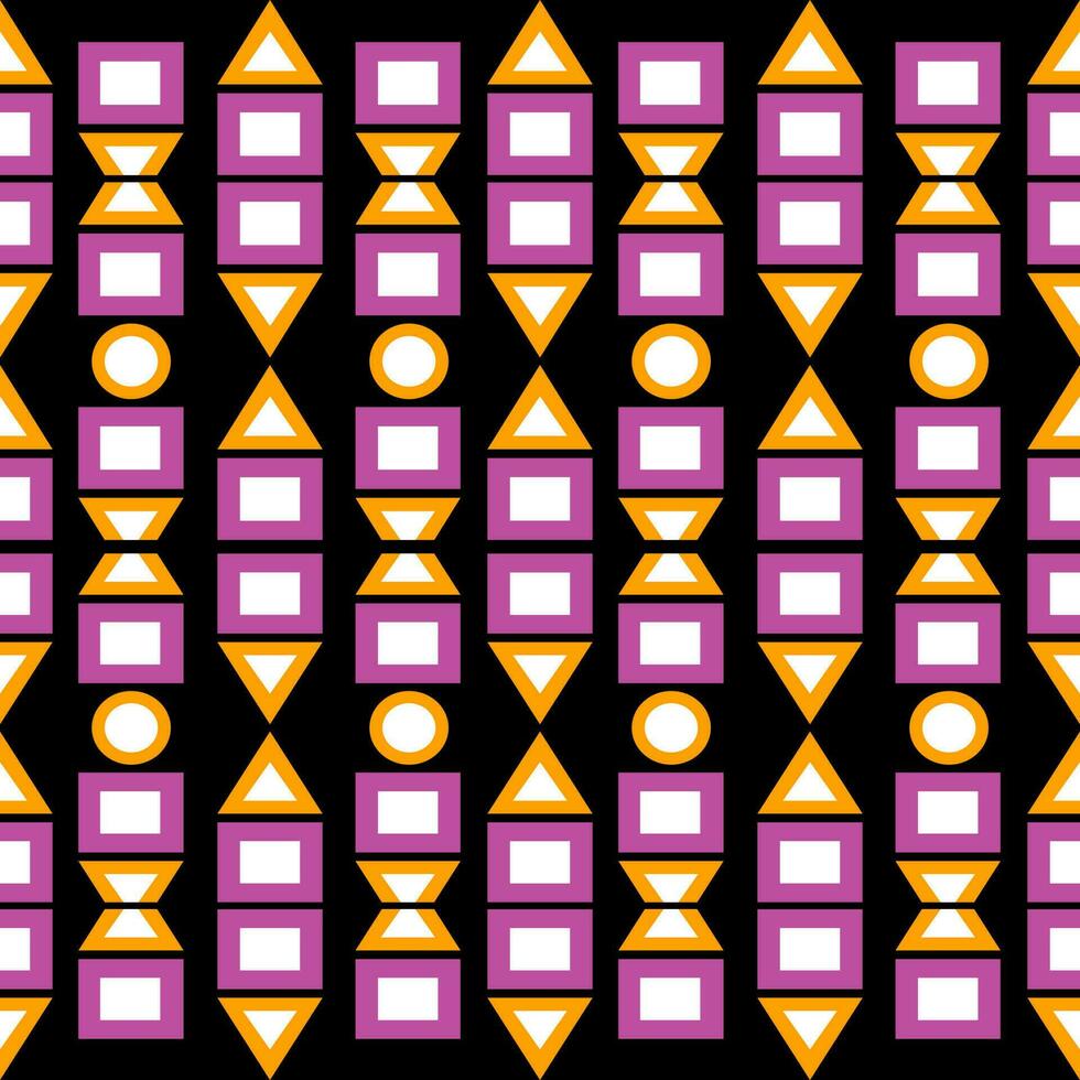 Symmetrical seamless pattern, trapezoid square triangle and round shape, yellow and pink on black background. vector