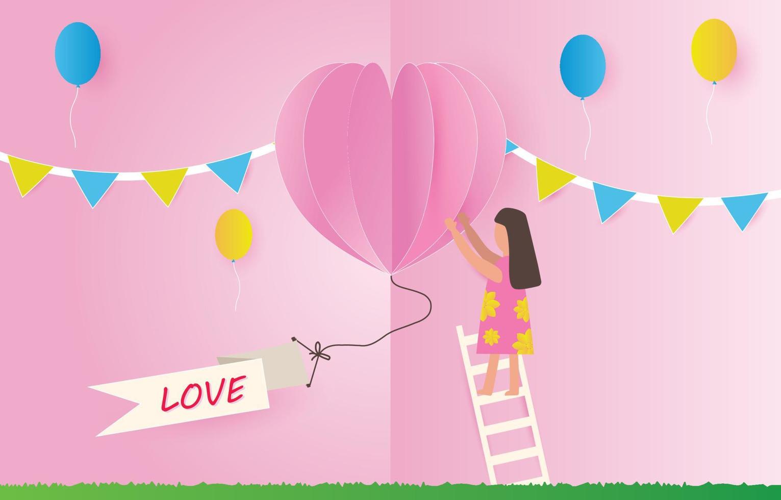 Girl decorates for Valentine's Day. Get on the ladder. Valentine's Day celebration with message Love on banner, Colored celebration flags. holiday decorations. vector