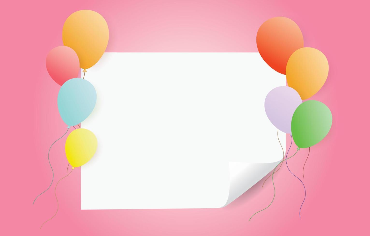 Blank paper with curled corner and fancy balloons in pink background, paper art style vector. vector