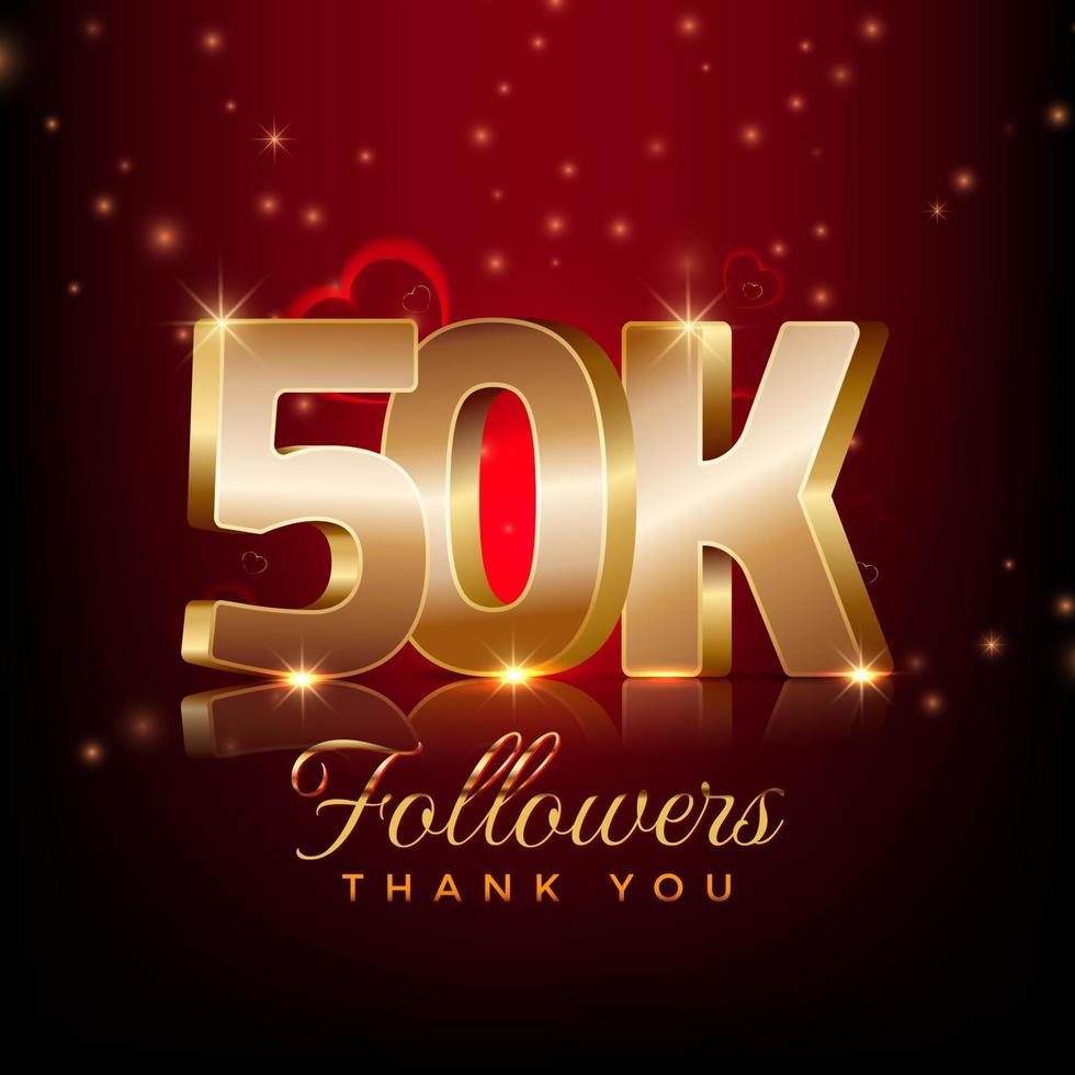 Thank you 50 thousand followers happy celebration banner 3d style red and gold background vector