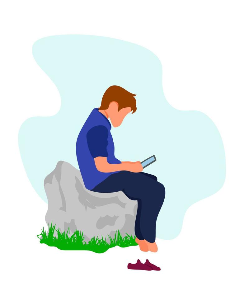 Boy sitting on a rock with a smartphone in his hand's flat Vector illustration. Addicted to the smartphone, internet, and Social networks.