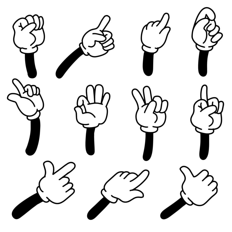 brazos de dibujos animados garabato enguantado señalando las manos, conjunto de ilustración vectorial vintage vector