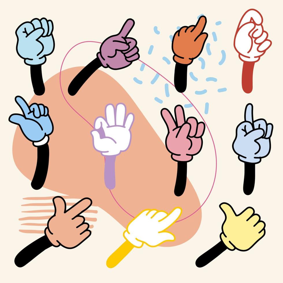 Cartoon arms. Doodle gloved pointing hands, Vintage vector illustration set