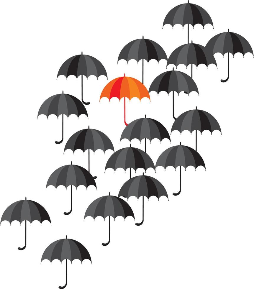 black classic umbrella icon. fall concept outstanding in the crowd. one orange umbrella among black. flat simple vector illustration.