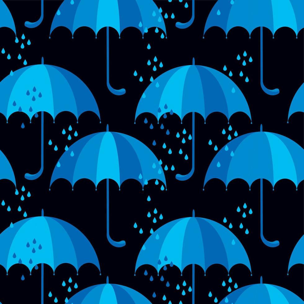 blue umbrella icon flat. cute rain drop seamless pattern on black background. simple vector illustration.
